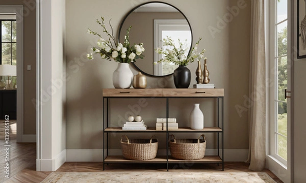 Fototapeta a high-quality 3D render of a modern entryway that exudes welcoming warmth. Incorporate elements such as a stylish console table, a large mirror, and functional storage solutions like hooks and a shoe