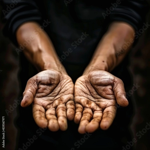 Fototapeta Open palms closeup, hands in holding gesture, giving and showing, prayer, begging, copy space