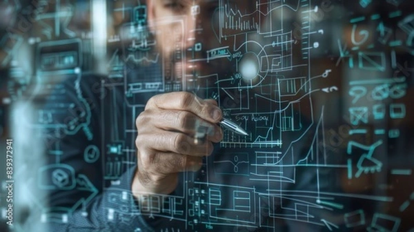 Fototapeta Close-up of a businessman's hand drawing a business graph on a transparent glass board, illustrating planning and strategy