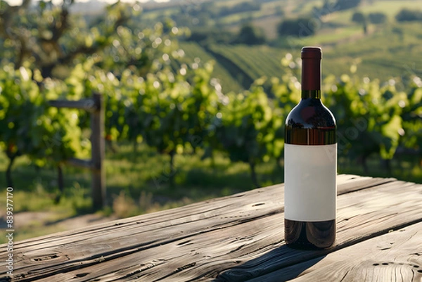 Obraz A blank label wine bottle on a wooden picnic table, with a scenic vineyard in the background, showcasing elegance and sophistication