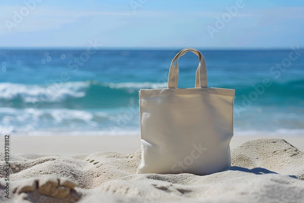 Obraz A plain fabric tote bag on a sandy beach, with the ocean and waves in the background, highlighting summer and beach vibes