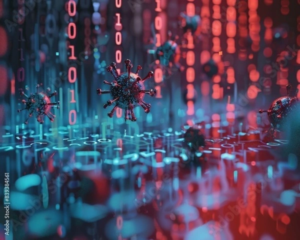 Fototapeta Computer hacked by virus, system error alert, internet crime cybersecurity measures theme, whimsical, composite, binary code backdrop