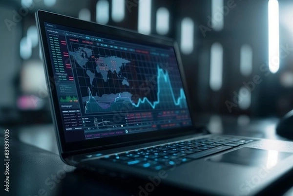 Fototapeta laptop with digital chart data by generative ai
