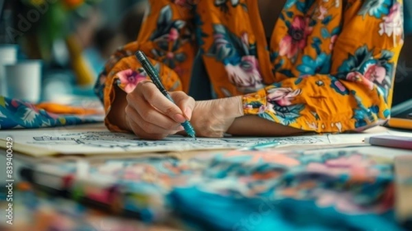 Fototapeta Crafting Style - Fashion Designer Sketching Clothing Designs. An image portraying the creative world of fashion design, featuring a designer engrossed in sketching out innovative clothing designs.