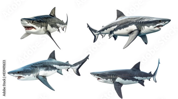 Obraz Four great white sharks swimming in different directions in isolated on transparent background