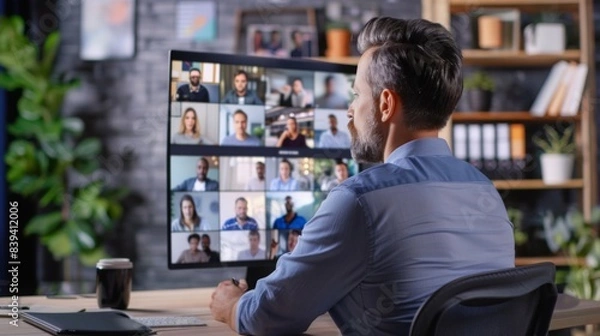Fototapeta An image featuring business professionals on a video call, showcasing clean and professional design in a setting of a home office, emphasizing remote work and connectivity. 