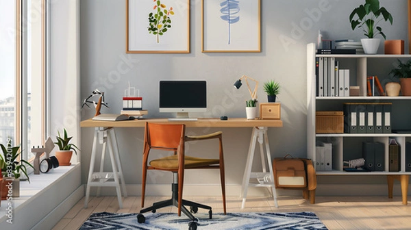 Fototapeta A chic home office setup with a sleek, modern desk and an ergonomic chair, accompanied by minimal decor and clean surfaces