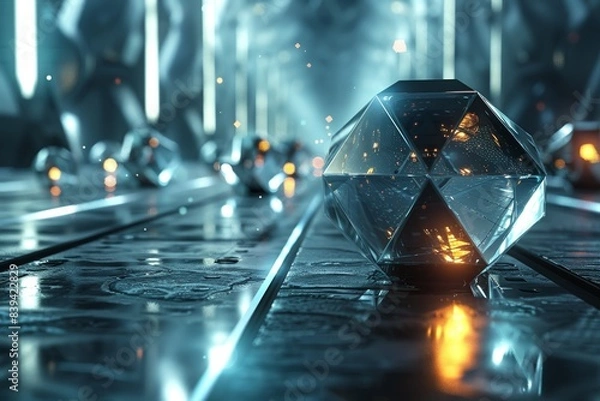 Fototapeta 11 Holographic 3D polyhedra in a futuristic setting