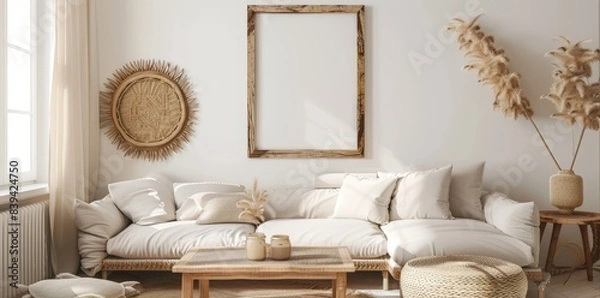 Fototapeta Empty Frame Template: Bohemian Living Room Art Display