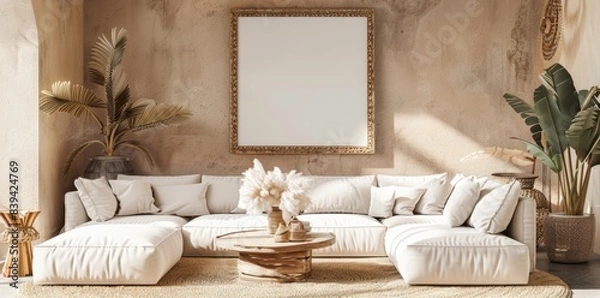 Fototapeta Empty Frame Template: Bohemian Living Room Art Display