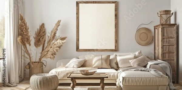 Fototapeta Empty Frame Template: Bohemian Living Room Art Display
