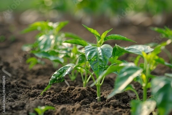 Obraz Genetically Modified Pepper Plants Thriving in High Salinity Soil with Healthy Green Leaves