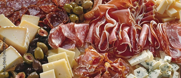 Fototapeta A bird's-eye view of a charcuterie board overflowing with cured meats, artisan cheeses, olives, and fig jam. Thinly sliced prosciutto drapes artfully over wedges of parmesan and brie. A crusty