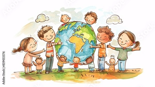 Fototapeta An illustration of children holding a globe, symbolizing global unity and equality against child labor