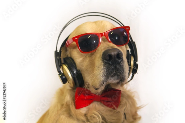 Fototapeta Golden retriever pies z zestawem słuchawkowym i okularami