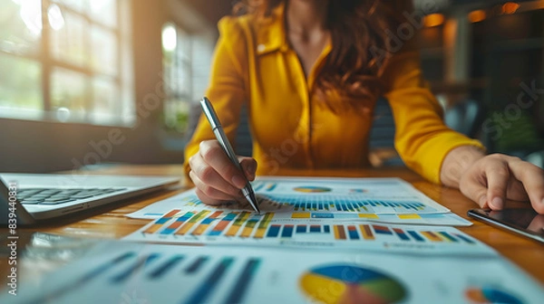Fototapeta A Market Researcher Presenting Stock Valuation Insights to a Team with Charts and Graphs   Data Driven Decision Making and Collaboration in Action