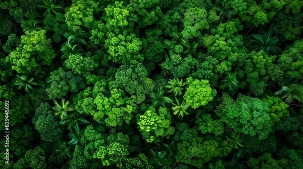 Fototapeta Aerial top view of a green forest, textured rainforest canopy viewed from above in a high angle shot, drone photography