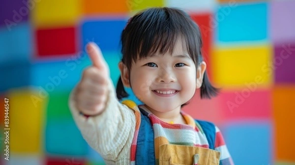 Obraz Smiling child giving thumbs-up gesture with colorful background, showcasing joy and positivity in a playful and vibrant setting.