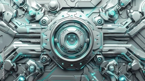 Fototapeta Futuristic abstract metallic texture with blue accents.