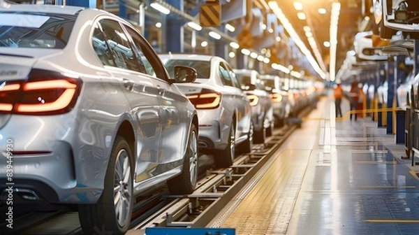 Fototapeta Mass production assembly line of modern cars in a busy factory 