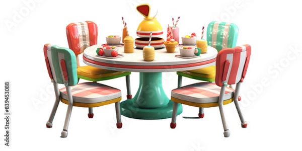 Fototapeta A colorful table set for a fun summer tea party with cupcakes, fruit, and charming, vibrant chairs around a pedestal table.