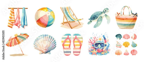 Fototapeta Collection of beach-themed watercolor illustrations isolated on transparent background. Travel and vacation concept. Design for stickers,  t-shirts, summer product advertisement.