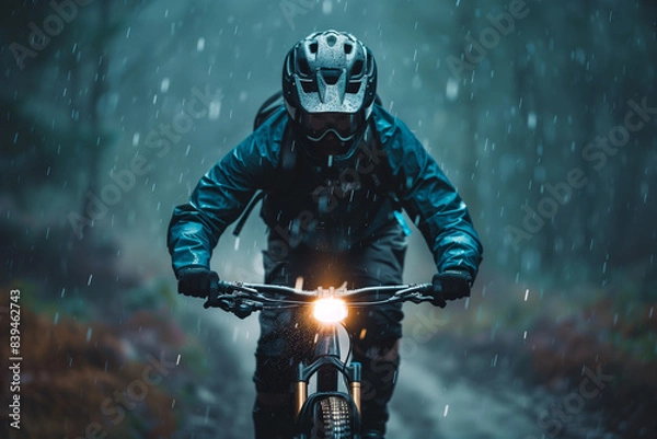 Fototapeta Man riding bicycle in the rain alone
