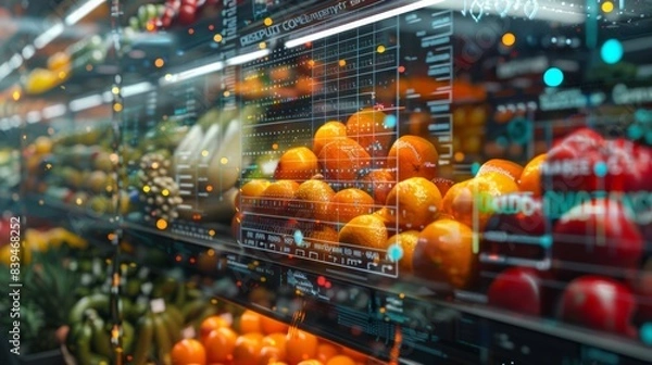 Fototapeta Smart grocery store with digital analytics overlay on fresh produce, displaying modern retail technology and data-driven shopping experience.