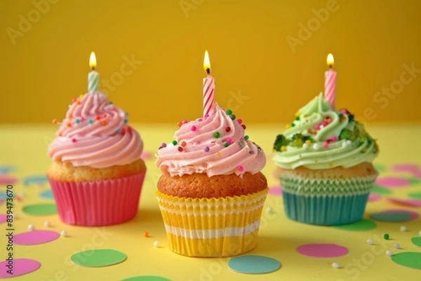 Fototapeta Celebration concept three cupcakes with candles on polka dot table with confetti and party theme