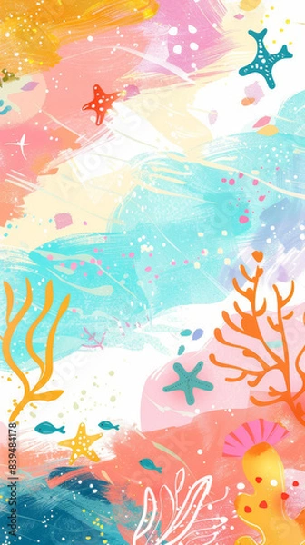 Fototapeta A colorful painting of a beach scene with fish, coral, and starfish. The mood of the painting is bright and cheerful, with a sense of wonder and excitement. The artist has used a variety of colors