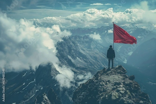 Fototapeta Man on mountain with red flag