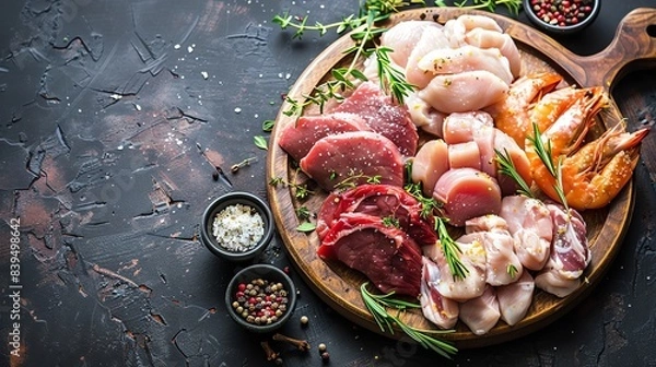 Obraz Assorted raw meats and seafood on a wooden board with herbs and spices on a dark background, ready for cooking. Fresh and delicious ingredients.