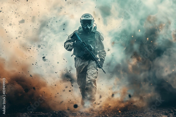 Fototapeta Soldier in tactical gear with weapon running through explosion and smoke