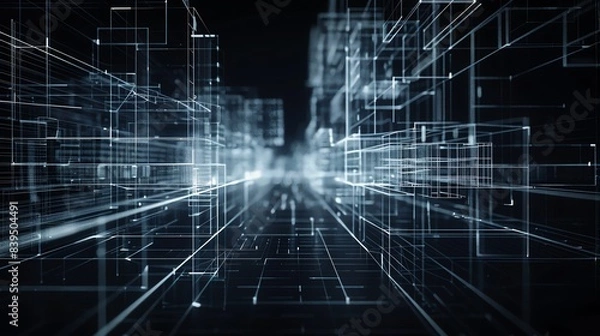Fototapeta Intricate 3D wireframes with dark backgrounds, illuminated by internal glows, highlighting the complexity and beauty of digital structures and modern design