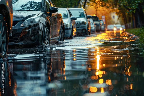 Fototapeta A row of cars are parked on a wet street