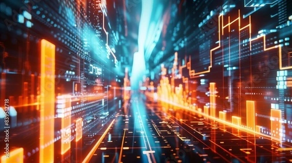 Fototapeta Abstract futuristic data visualization with glowing bar charts and digital lines. Perfect for technology, finance, and data analysis themes.