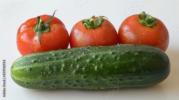 Fototapeta Fresh cucumbers and tomatoes on white surface, perfect for food photography or recipe backgrounds