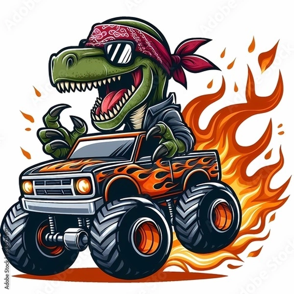 Fototapeta Dinosaur Driving a Monster Truck with Flames