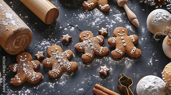 Fototapeta Gingerbread Man Baking -  Several beautifully decorated gingerbread men on a table with baking tools and ingredients around.