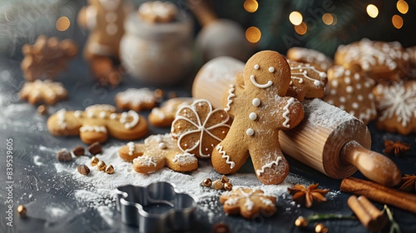 Fototapeta Gingerbread Man Creation - Gingerbread men being made on a table with baking tools and ingredients.