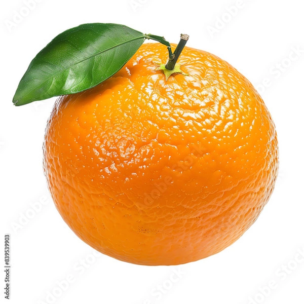 Obraz Fresh ripe orange with green leaf isolated on white background, perfect for healthy diet and vitamin C boost.