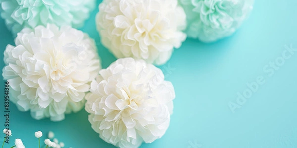 Fototapeta Abstract cute background with white textured paper balls on pastel background with copy space.