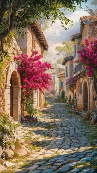 Fototapeta A romantic cobbled street in a historic Mediterranean village. The street is flooded with sunlight, the glare makes its way through the foliage of the trees overhead.