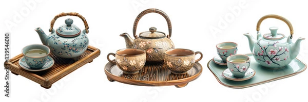 Fototapeta Set of A teapot and two teacups on a tray isolated on transparent background