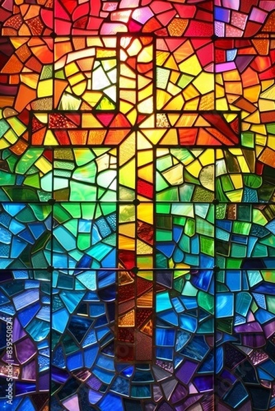 Fototapeta Colorful and beautiful stained glass window of an Christian Cross in a gorgeous majestic frame