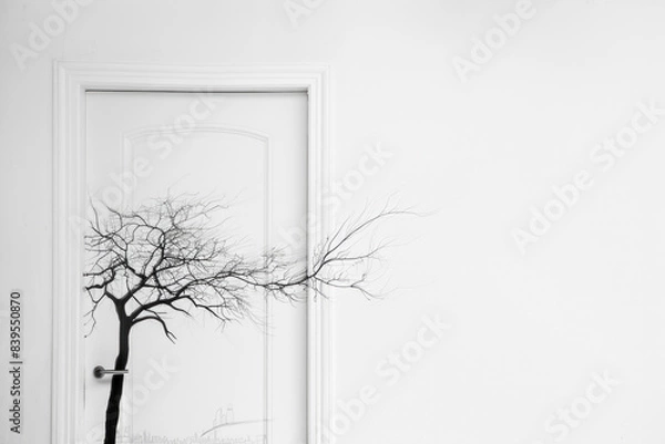 Fototapeta A simple white door with delicate black line art depicting a minimalist tree or cityscape. The lines are thin and precise, creating a subtle, elegant effect against the plain background.