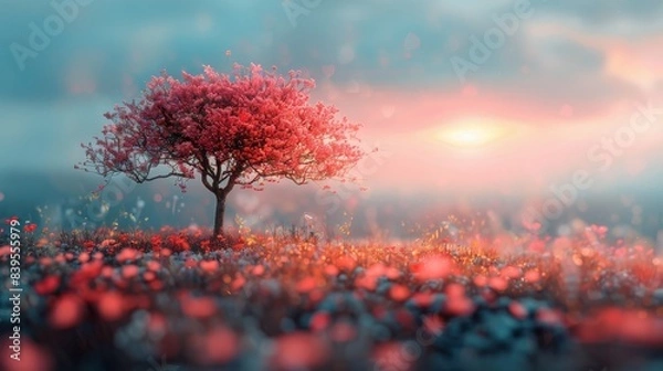 Fototapeta Spring Blossoms: Close-Up of Pink Flowering Tree with Vivid Colors and Double Exposure Silhouette