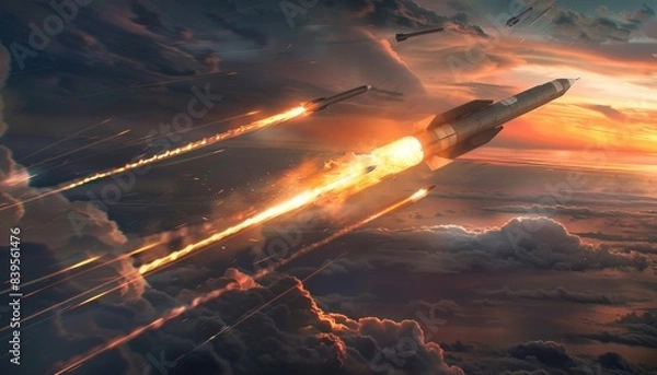 Fototapeta Intense image capturing hypersonic missiles and combat rocket in flight, depicting chaos of warfare