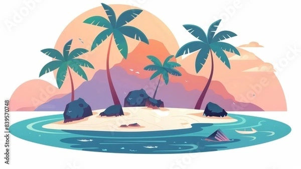 Obraz Tropical island flat design front view vacation theme cartoon drawing Splitcomplementary color scheme