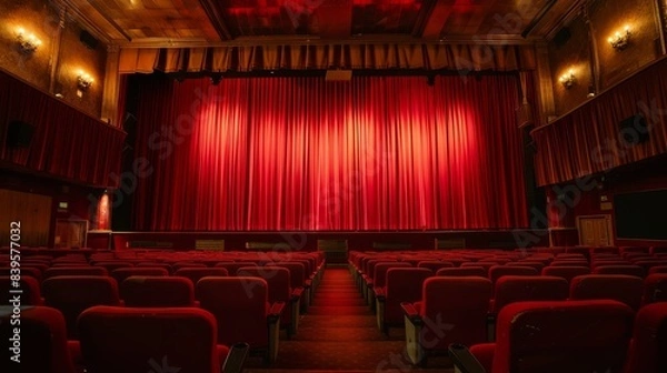 Fototapeta Empty movie theatre for advertising copy space and stage with the red curtains drawn viewed over rows of seats